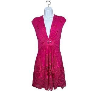 Sky Brand Hot Pink Embroidered Deep V Neck Mini Dress Braided Lace Size M USA